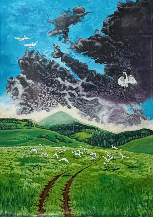 Painting titled "Horizonte Inquietan…" by Anel Saenz, Original Artwork, Acrylic