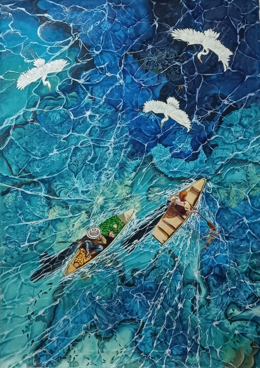 Painting titled "Pescadores de Sueños" by Anel Saenz, Original Artwork, Acrylic