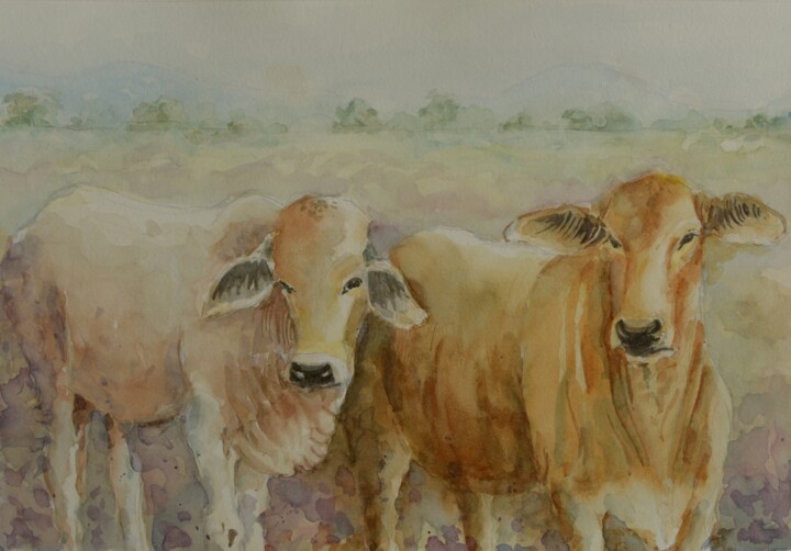 Painting titled "Companions" by Devon, Original Artwork, Watercolor