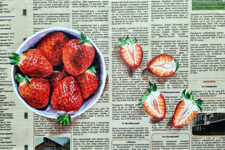 Strawberries on Newspaper – Realistic Food Painting 绘画, 7.9x11.8 in