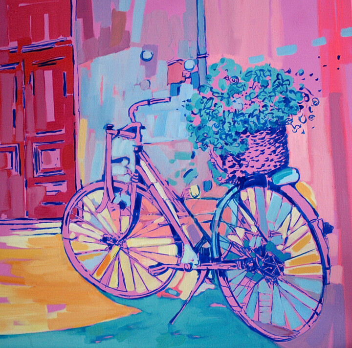 "La bici rosa" 绘画, 27.6x27.6 in