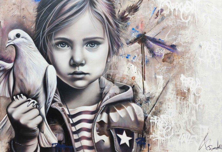 Painting titled "Colombe De La Paix" by Vincent Bardou, Original Artwork, Oil Mounted on Wood Stretcher frame