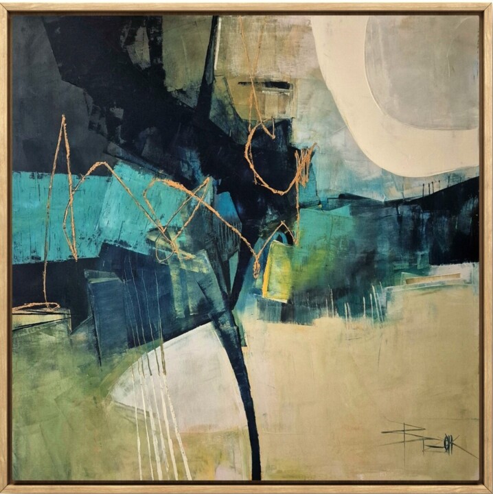 Painting titled "GOLDEN STRINGS II" by Sonja Brzak, Original Artwork, Oil Mounted on Wood Stretcher frame