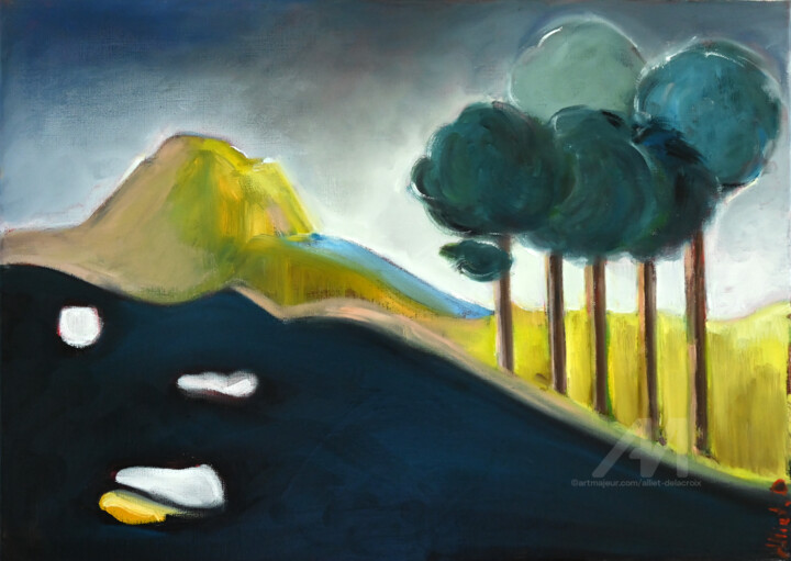 Pittura intitolato "Paysage volcanique" da Alliet-Delacroix, Opera d'arte originale, Olio Montato su Telaio per barella in l…