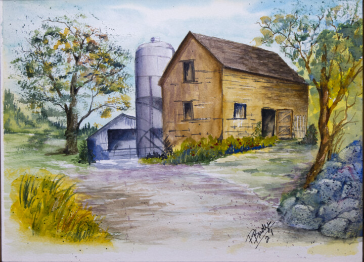 Malarstwo zatytułowany „Barn with Silo in W…” autorstwa Paula Bridges, Oryginalna praca, Akwarela Zamontowany na Inny sztywn…