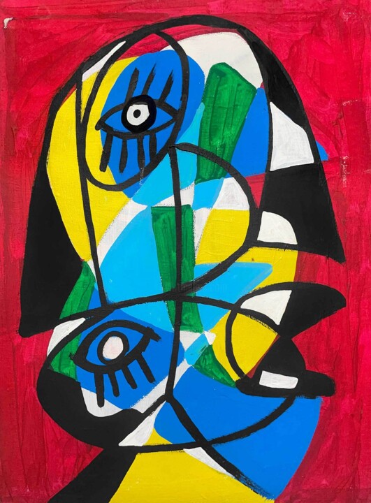 Retrato en fondo rojo mirada 绘画, 19.7x15.8 in