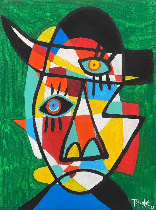 Retrato en fonde verde sombrero 绘画, 19.7x15.8 in