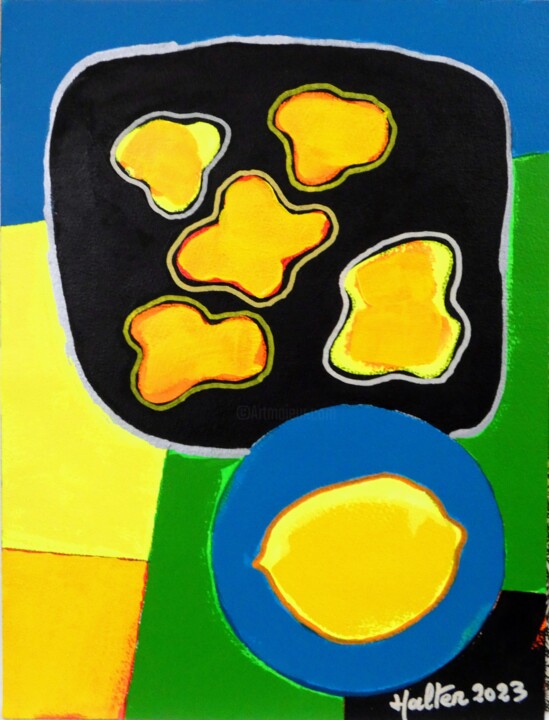 Citron et bouquet de fleurs 绘画, 16.1x12.2 in