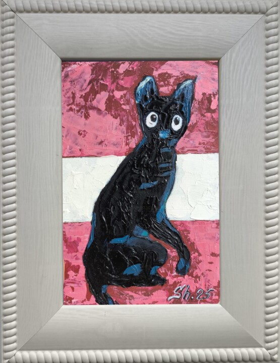 Black Cat Original Framed, Cats Latvia Oil Painting, Animals 绘画, 5.9x4.1 in