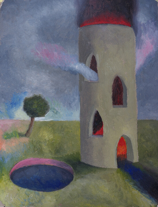Pintura titulada "Torre en llamas" por Miguel Rojas, Obra de arte original, Oleo