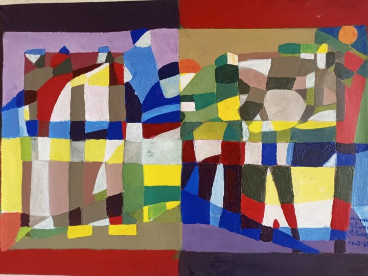 Painting titled "Living together" by Tchim, Original Artwork, Acrylic Mounted on Wood Stretcher frame