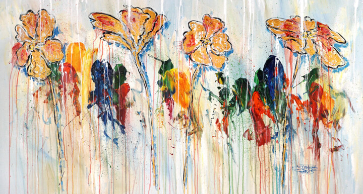 Painting titled "Golden Flowers L 1" by Peter Nottrott, Original Artwork, Acrylic