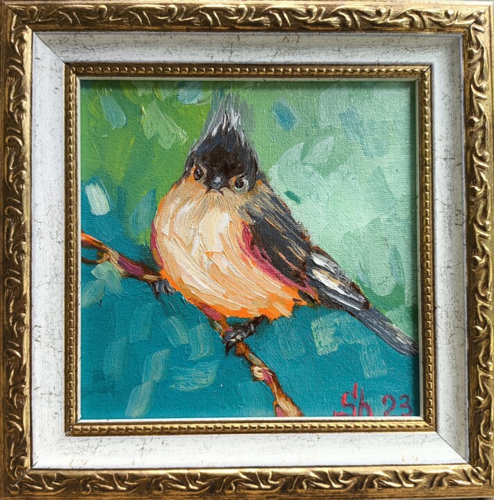 Robin Original Sparrow Bird Oil Painting Animals Art 绘画, 5.9x5.9 in