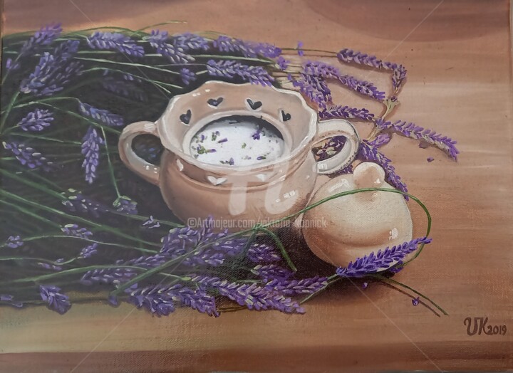 Zuckerdose mit Lavendel – Realistische Ölmalerei -Leinwand Картина, 11,8x15,8 in