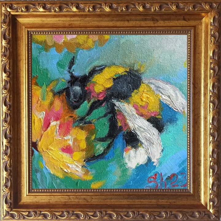 Bee Original Framed Honeybee Oil Painting Bumblebee Artwork 绘画, 5.9x5.9 in