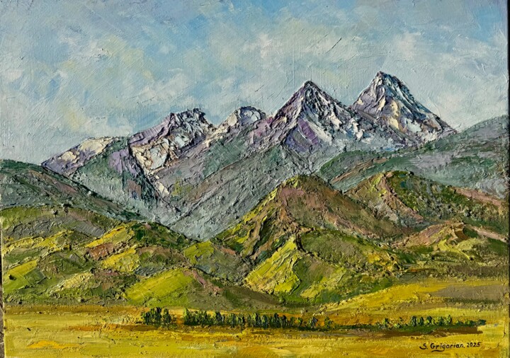 Painting titled "Mount Aragats" by Stella Grigorian, Original Artwork, Oil Mounted on Wood Stretcher frame