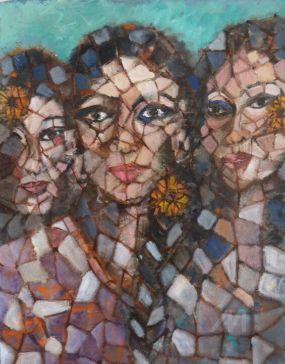 Pintura intitulada "Three Women in Mosa…" por Indrani Ghosh, Obras de arte originais, Óleo