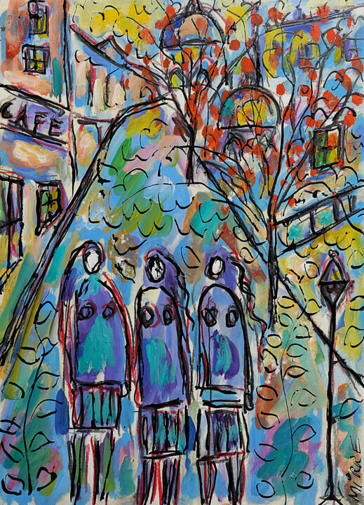 Painting titled "Café croissants Par…" by Jean Mirre, Original Artwork, Oil