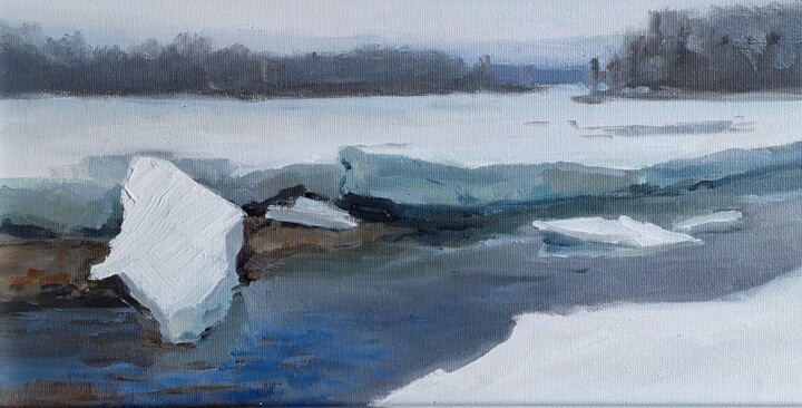 Painting titled "Spring on the White…" by Marina Zhukova, Original Artwork, Oil Mounted on Wood Stretcher frame