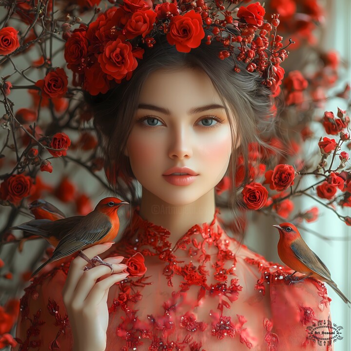 Silent symphony: the girl and the birds 数字艺术, 27.6x27.6 in