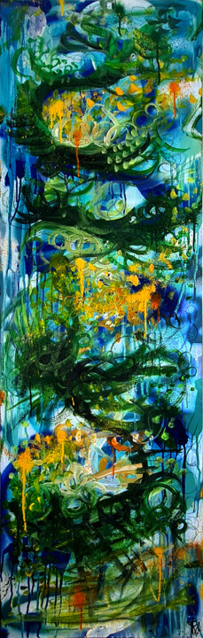 Grande Peinture Abstraite Bleu Vert Moderne Unique 绘画, 55.1x17.7 in