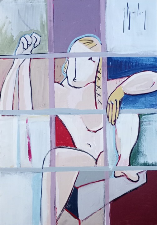 Painting titled "#25_Zittend figuur" by F Ghysenberg, Original Artwork, Acrylic