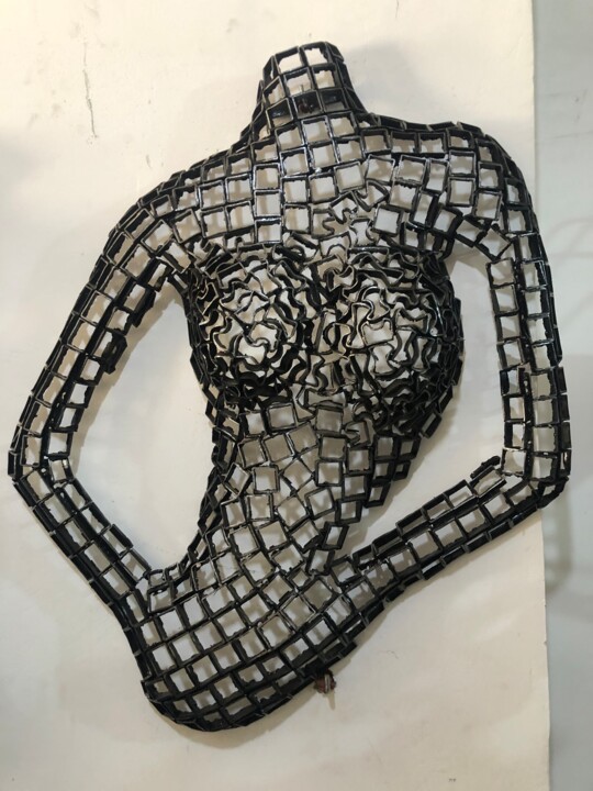 Gridded Metallic Torso Wall Sculpture-Female Form Art 雕塑, 21.7x27.6 in