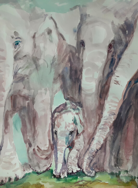 Tender Family of Elephants 绘画, 42.5x31.1 in