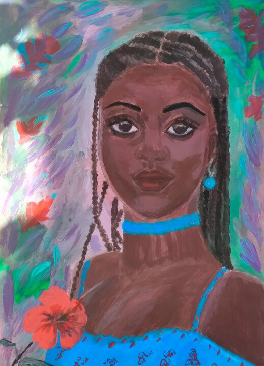 Confident Woman with Hibiscus Flower 绘画, 58.7x42.5 in