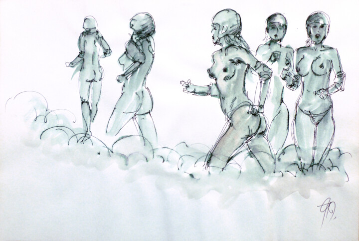 Desenho intitulada "Behelmte Gruppe." por Götz Wiedenroth, Obras de arte originais, Marcador