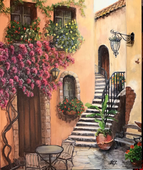 Painting titled "Mediterranean court…" by Natalia Glazunova, Original Artwork, Acrylic Mounted on Wood Stretcher frame