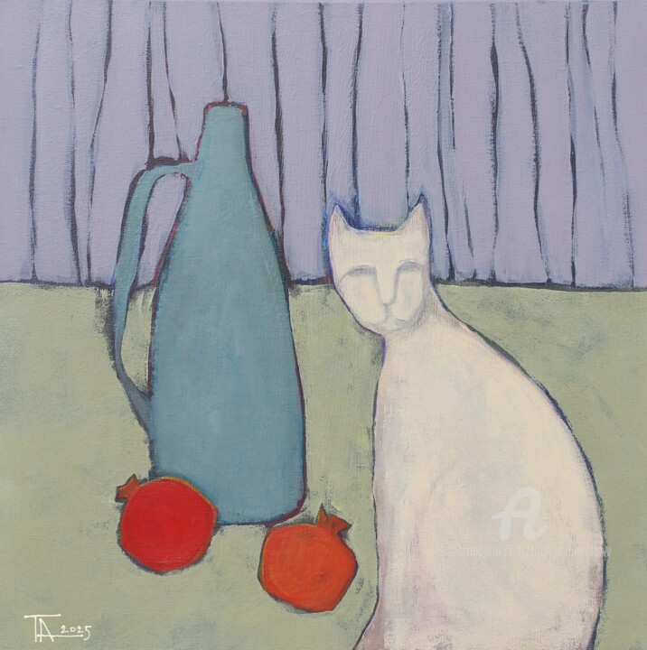 Stillleben und eine weiße Katze. 绘画, 19.7x19.7 in