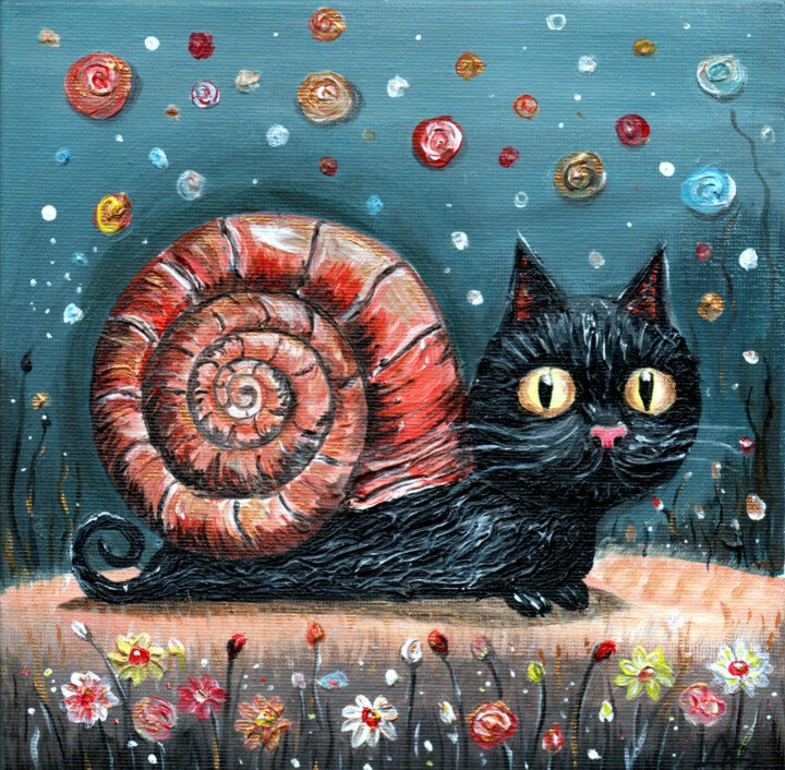 Black Cat Snail Fantasy Art on Canvas 绘画, 7.9x7.9 in