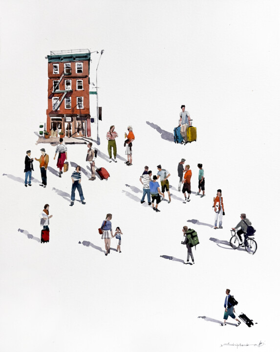 绘画 标题为“Met in Brooklyn” 由Bogdan Shiptenko, 原创艺术品, 水彩 安装在木质担架架上