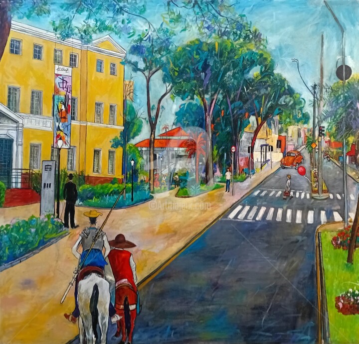 Dom Quixote, Sancho Pança, Chaplin e o Balão Vermelho 绘画, 44.7x46.9 in