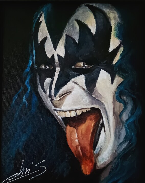 Tableau peinture toile portrait Kiss Gene Simmons original 绘画, 11.8x9.5 in