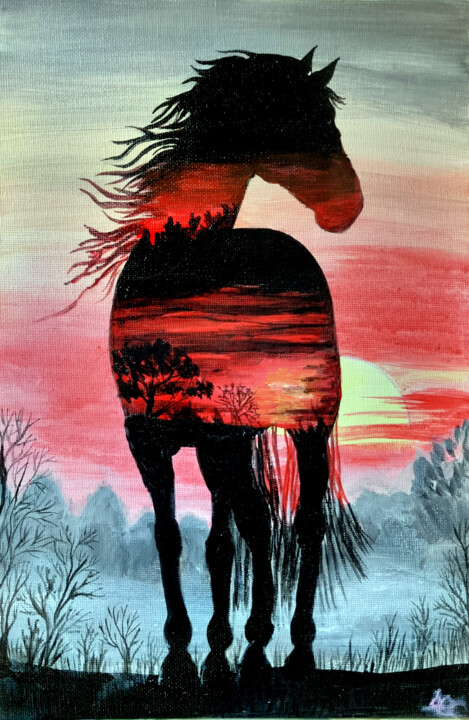 Horse Silhouette at Sunset Forest Glow 绘画, 11.8x7.9 in