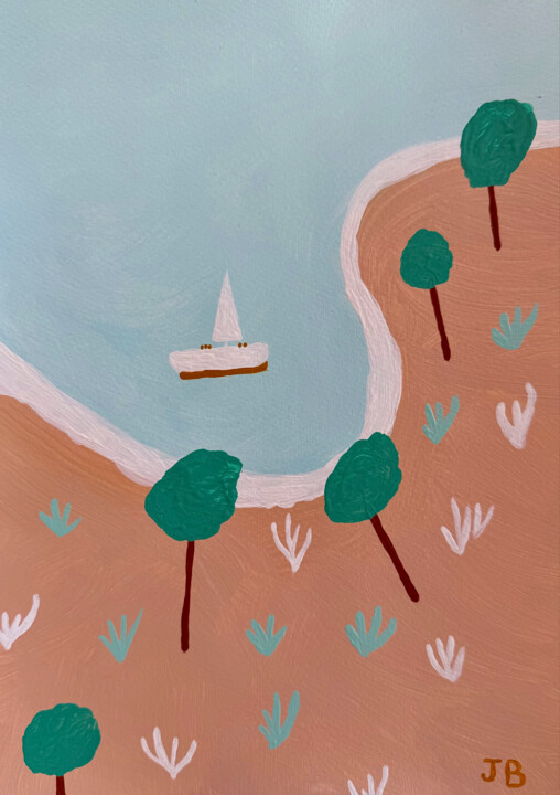 Mediterranean Dream / Terracotta, Sea, Boat, Landscape 绘画, 11.7x8.3 in