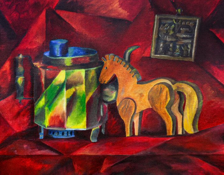 Wooden horse on a red background 绘画, 19.7x23.6 in