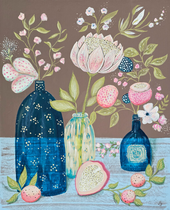 Blue bottle flower still life primitive art mixed media Pain 绘画, 19.7x15.8 in