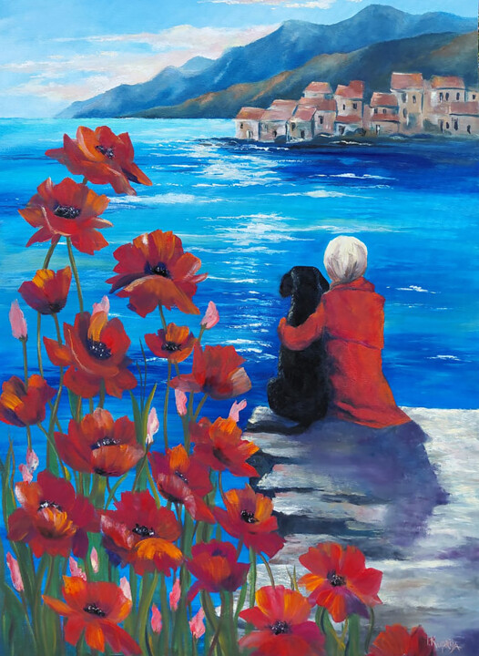 Girl with a dog among poppies on the seashore 绘画, 31.5x23.6 in