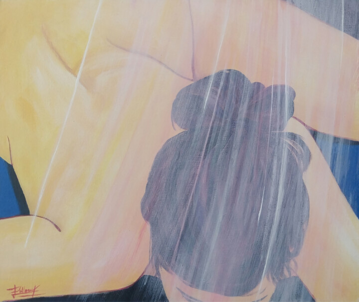 Nu Voilé – Acrylique sur toile de lin ancienne 绘画, 18.9x21.7 in