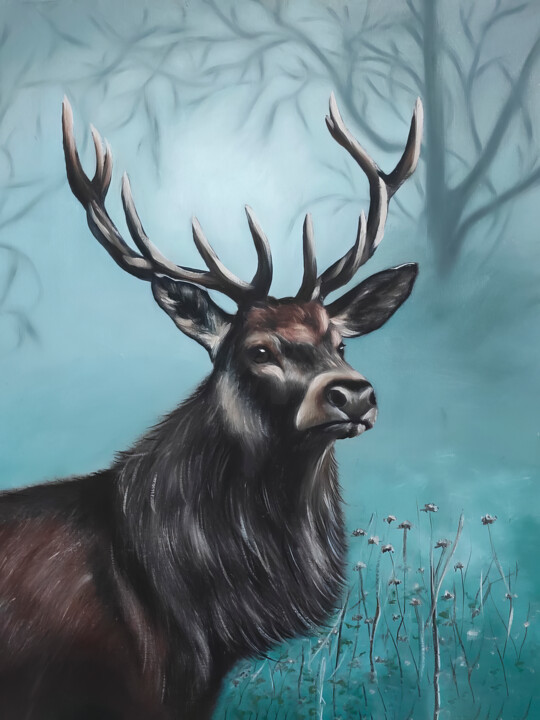 Solitary Stag in Fog 绘画, 42.5x31.9 in