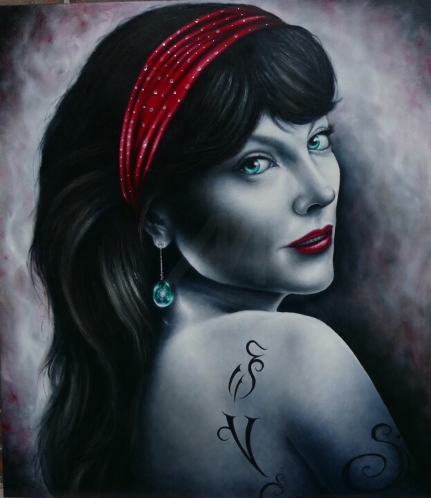 La jeune femme au foulard rouge 绘画, 32x28 in
