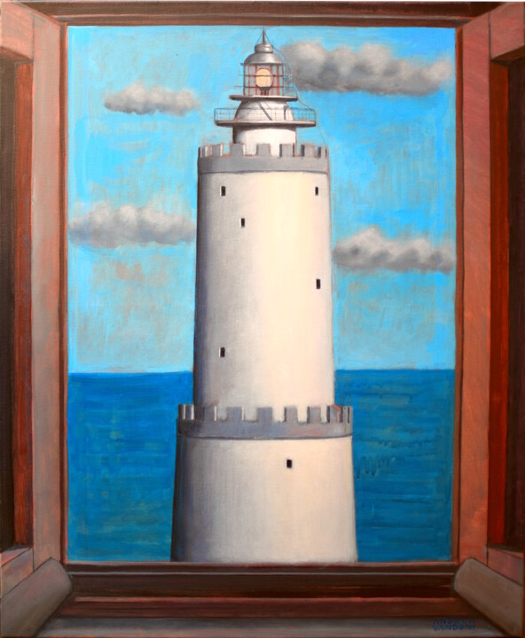 Painting titled "The White Lighthouse" by Andrea Vandoni, Original Artwork, Acrylic Mounted on Wood Stretcher frame
