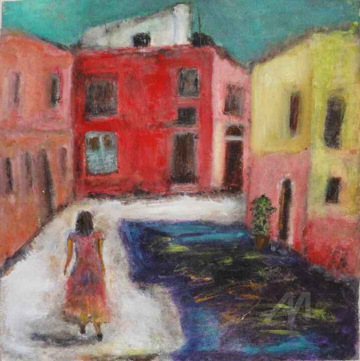 Pintura intitulada "A Quiet Neighborhoo…" por Indrani Ghosh, Obras de arte originais, Óleo