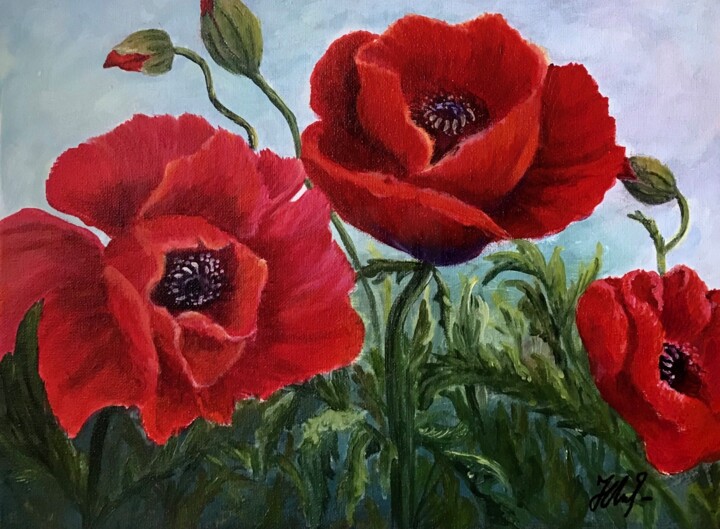 Painting titled "Field of Fire" by Natalia Glazunova, Original Artwork, Acrylic Mounted on Wood Stretcher frame