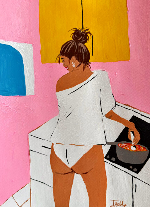 Pasta al Amore / A woman is cooking pasta in kitchen 绘画, 11.7x8.3 in