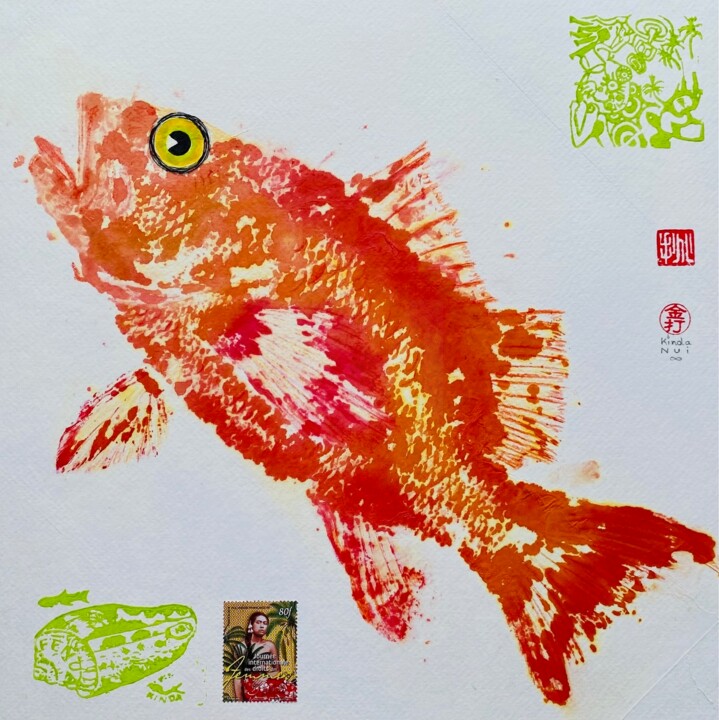 ◊ GYOTAKU PERCHE LUTJANIDAE ◊ (Lutjanus argentimaculatus) 印花与版画, 11.8x11.8 in