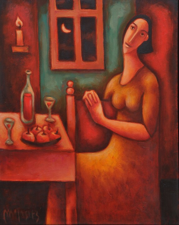 Painting titled "Waiting for love 6." by Zsolt Malasits, Original Artwork, Oil Mounted on Wood Stretcher frame